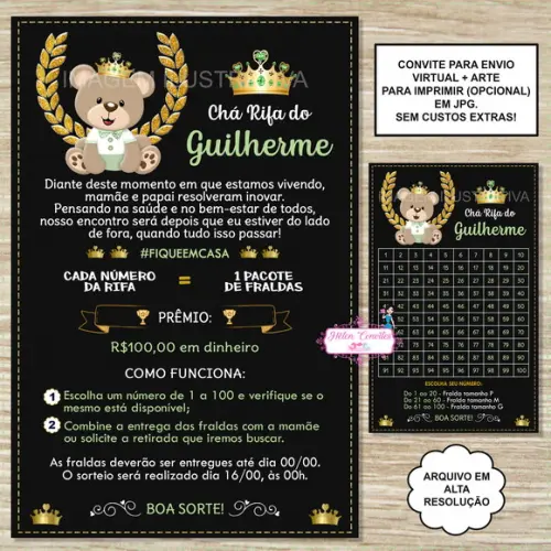Convite Digital Chá Rifa Ursinho Príncipe + Cartela