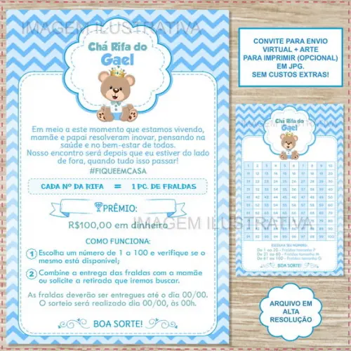 Convite Digital Chá Rifa Ursinho Príncipe + Cartela