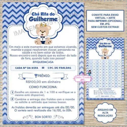 Convite Digital Chá Rifa Ursinho Príncipe + Cartela