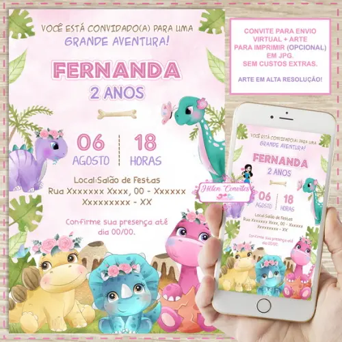 Convite Digital Dinossauro Baby Menina