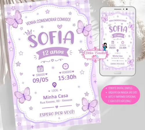 Convite Digital Lilás com Borboleta - sem Tema Definido