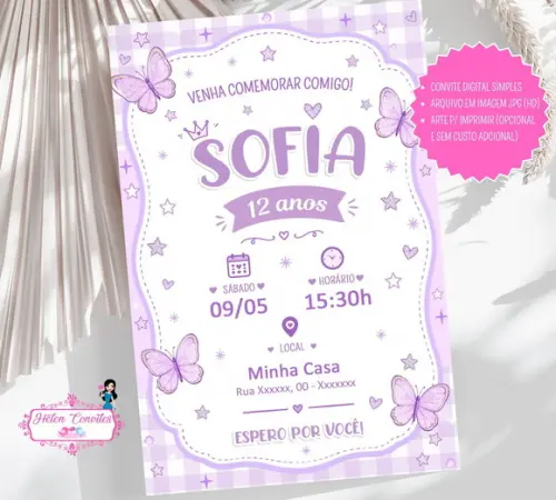 Convite Digital Lilás com Borboleta - sem Tema Definido