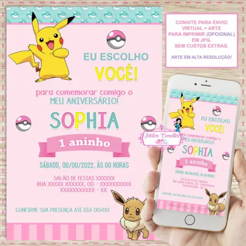 Convite Digital Pokémon Menina