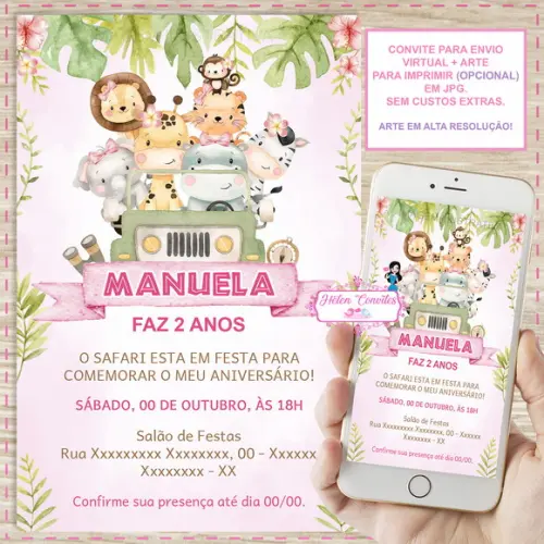 Convite Digital Safari Rosa
