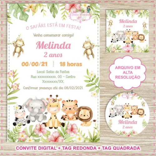 Convite Digital Safári Rosa + 2 Tags