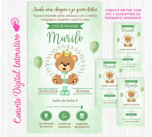 Convite Interativo Chá de Fraldas Ursinho Príncipe