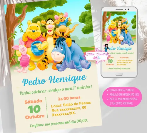 Convite Digital Ursinho Pooh | Convite Virtual Ursinho Pooh