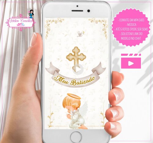 Convite Animado Batizado Branco e Dourado - Unissex