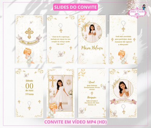 Convite Animado Batizado Branco e Dourado - Unissex