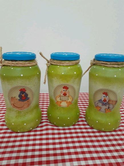 3 Potes de Vidro Decorados Galinha