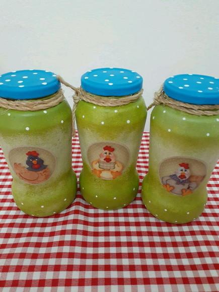 3 Potes de Vidro Decorados Galinha