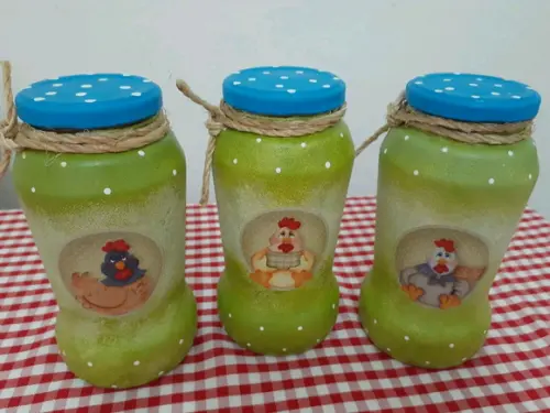 3 Potes de Vidro Decorados Galinha
