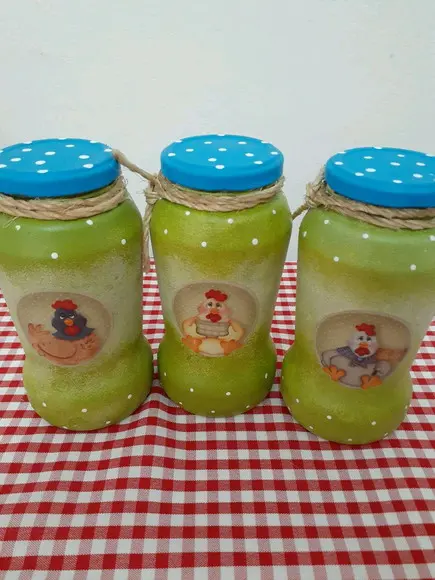 3 Potes de Vidro Decorados Galinha