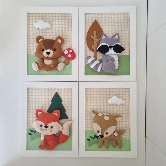 Kit 4 Quadros Decoração Bichinhos da Floresta