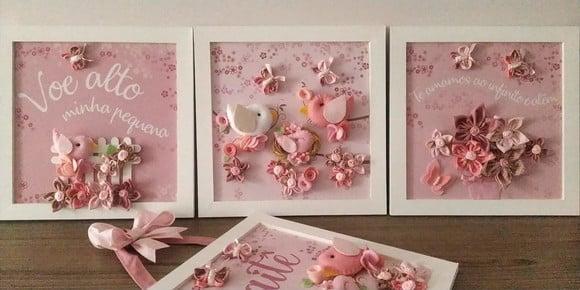 Quadros Decorativos Família de Passarinhos e Flores