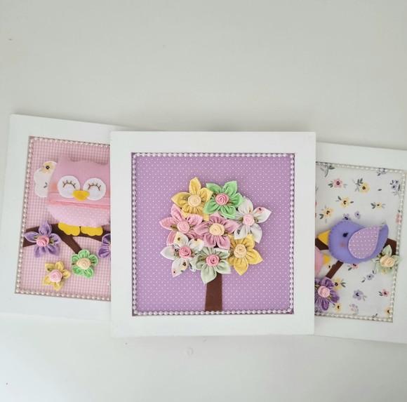 Trio de Quadros para Decoração Coruja e Passarinhos