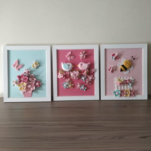 Trio de Quadros para Decoração Passarinhos, Flores e Abelha