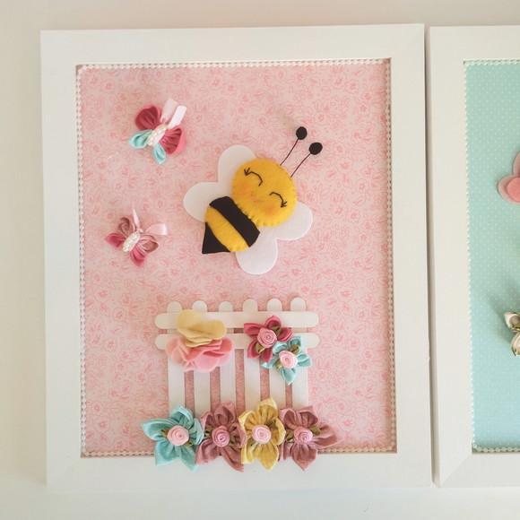 Trio de Quadros para Decoração Passarinhos, Flores e Abelha