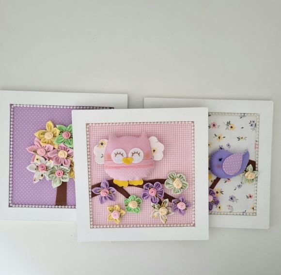 Trio de Quadros para Decoração Coruja e Passarinhos