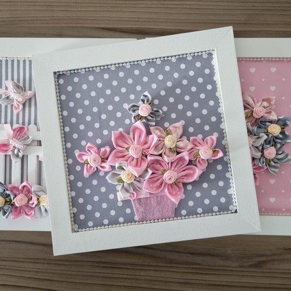 Trio de Quadros Rosa e Cinza
