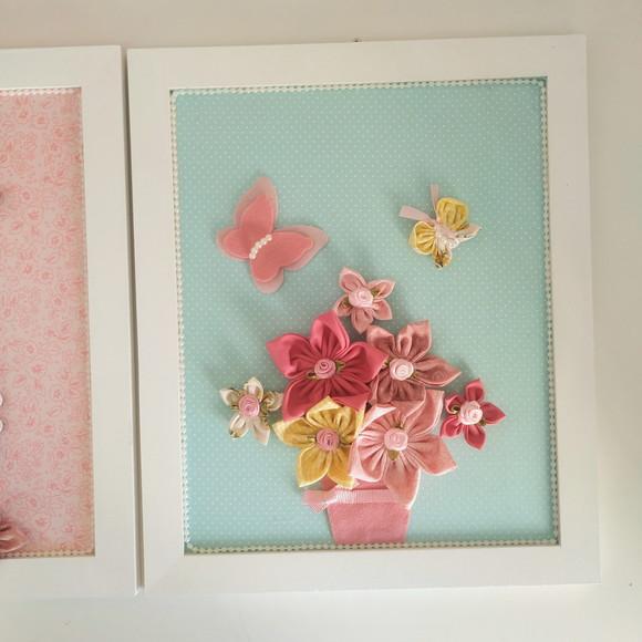 Trio de Quadros para Decoração Passarinhos, Flores e Abelha