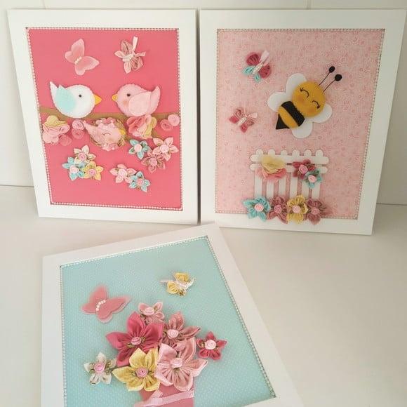 Trio de Quadros para Decoração Passarinhos, Flores e Abelha