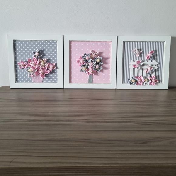 Trio de Quadros Rosa e Cinza