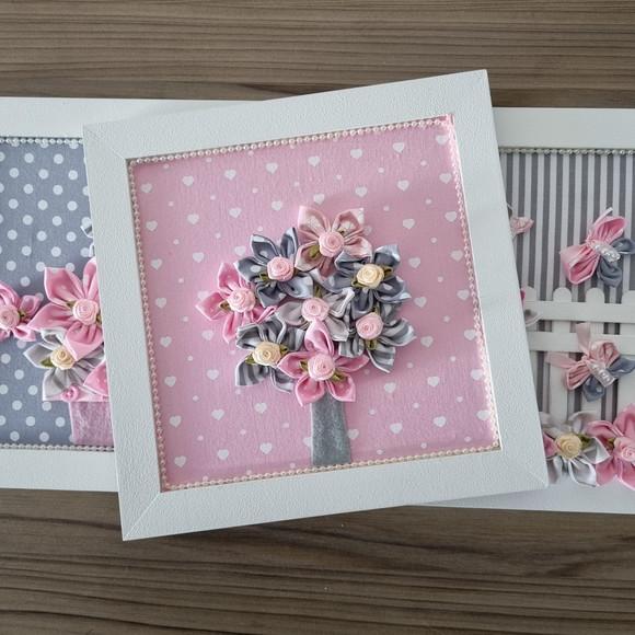 Trio de Quadros Rosa e Cinza