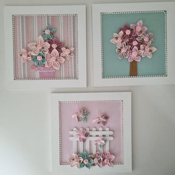 Trio de Quadros Rosa e Verde