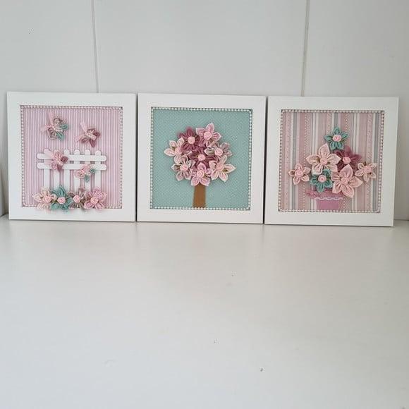 Trio de Quadros Rosa e Verde