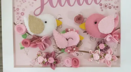 Enfeite de Porta Maternidade Família de Passarinhos Rosa