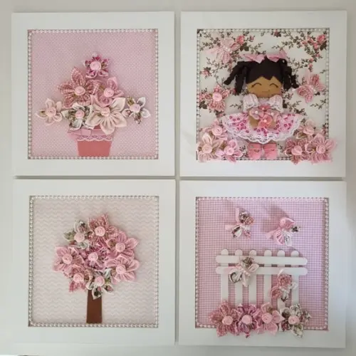 Kit 4 Quadros Decoração Quarto do Bebê Flores e Boneca Rosa