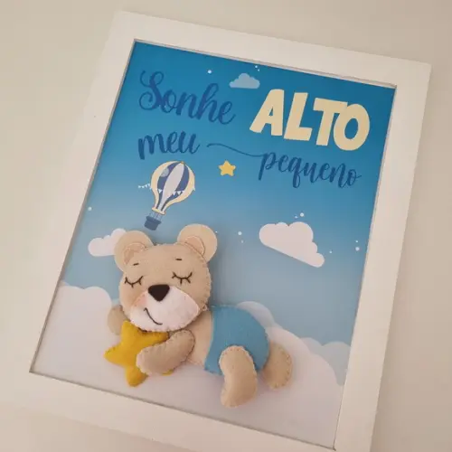 Quadro Decoração Bebê Sonhe Alto Urso Nuvens e Estrelas