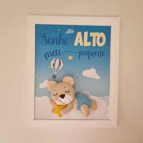 Quadro Decoração Bebê Sonhe Alto Urso Nuvens e Estrelas