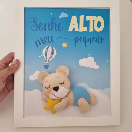 Quadro Decoração Bebê Sonhe Alto Urso Nuvens e Estrelas