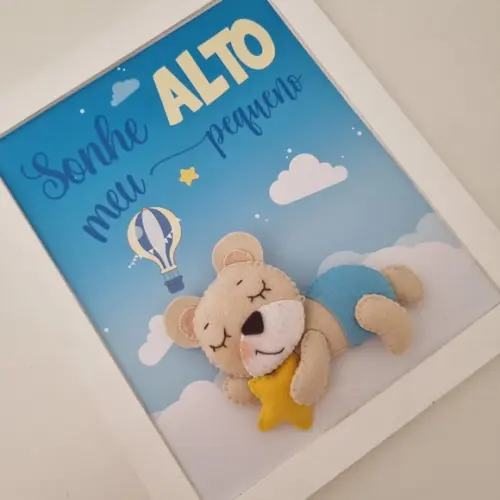 Quadro Decoração Bebê Sonhe Alto Urso Nuvens e Estrelas