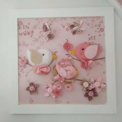 Quadros Decorativos Família de Passarinhos e Flores
