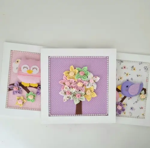 Trio de Quadros para Decoração Coruja e Passarinhos
