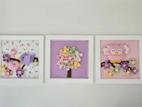 Trio de Quadros para Decoração Coruja e Passarinhos