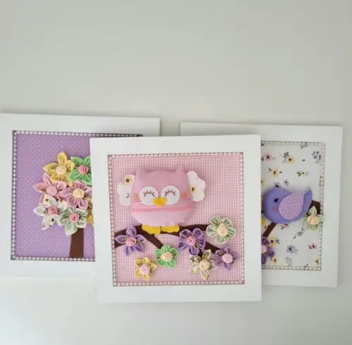 Trio de Quadros para Decoração Coruja e Passarinhos