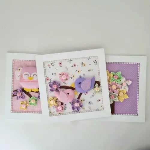 Trio de Quadros para Decoração Coruja e Passarinhos