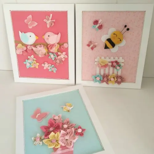 Trio de Quadros para Decoração Passarinhos, Flores e Abelha
