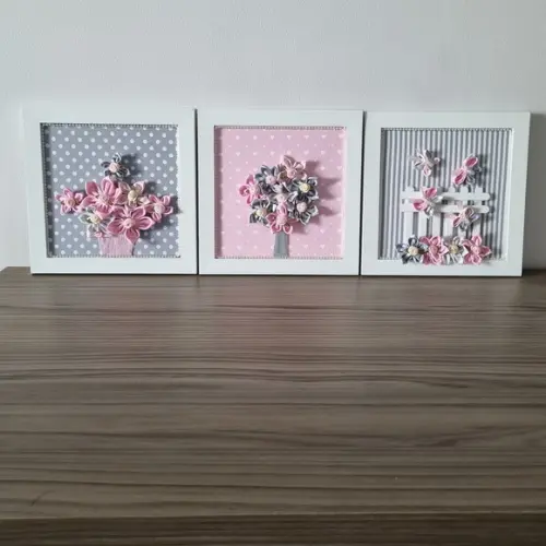 Trio de Quadros Rosa e Cinza