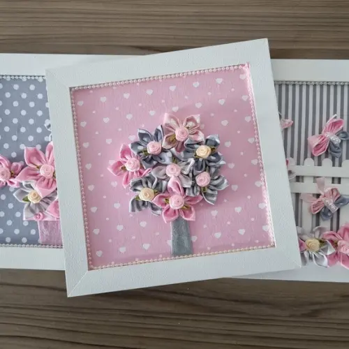 Trio de Quadros Rosa e Cinza
