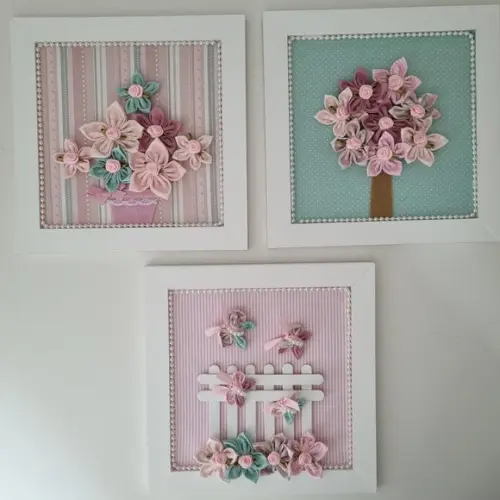 Trio de Quadros Rosa e Verde