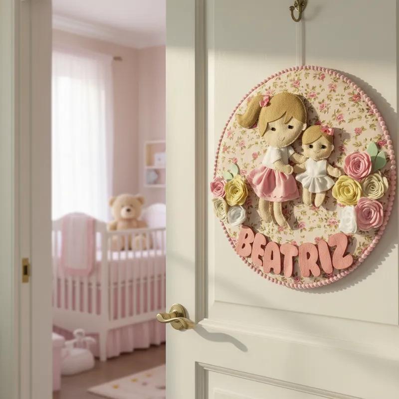 Porta maternidade  menina Irmãzinhas feltro