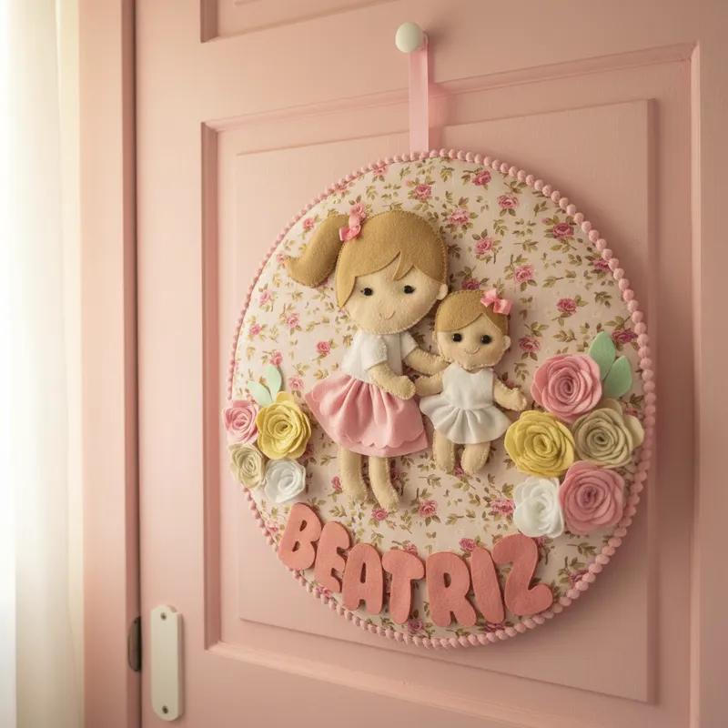 Porta maternidade  menina Irmãzinhas feltro
