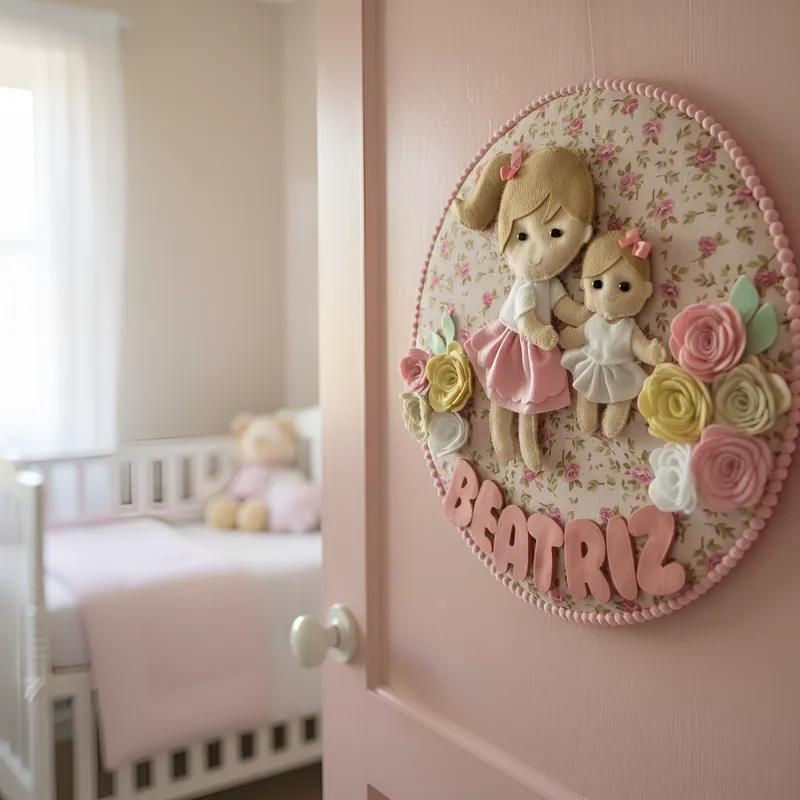Porta maternidade  menina Irmãzinhas feltro