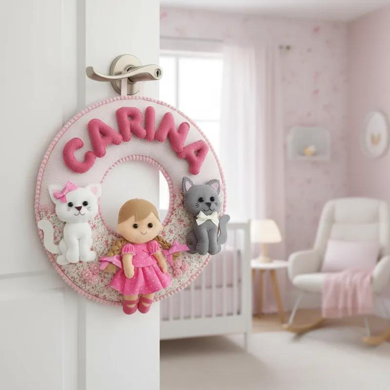 Porta maternidade menina e gatinhos feltro