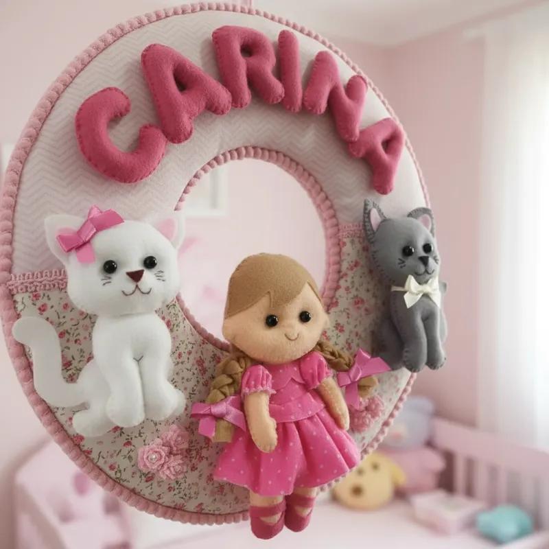 Porta maternidade menina e gatinhos feltro